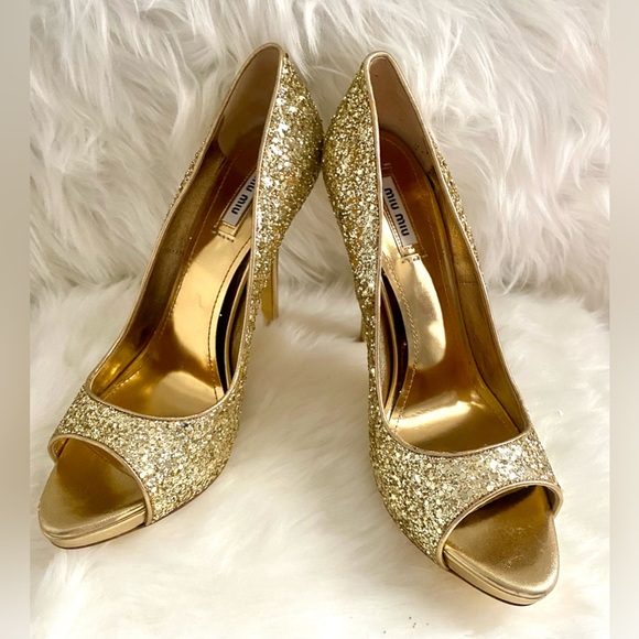 ✨MIU MIU✨ GOLD Glitter Stiletto Pumps Peep Toe Platform Heels Size 41 (10-10.5) - Picture 6 of 8